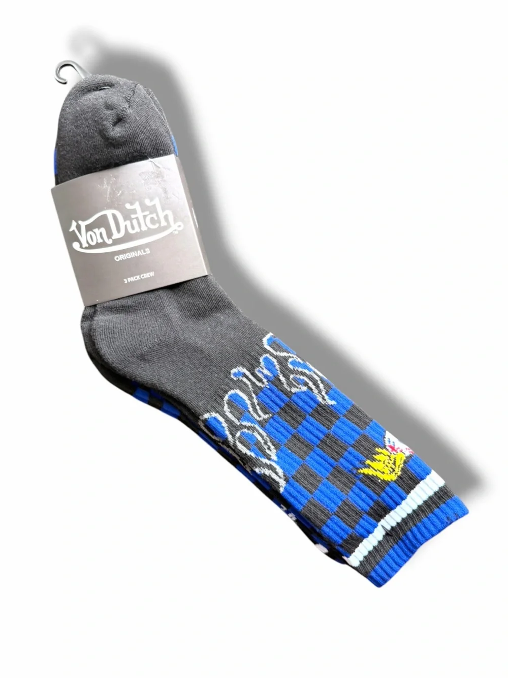 NWT Von Dutch 3 Pack Men's Crew Socks Blue Black Checkers and Flames One size